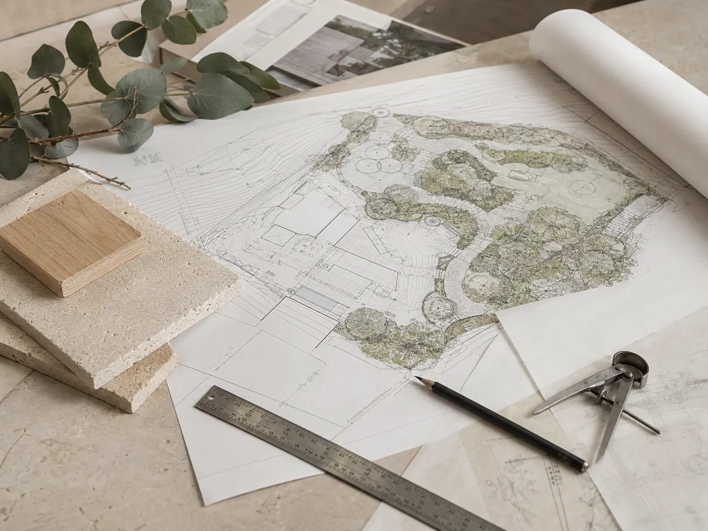 Professional landscape plans with limestone and timber material samples